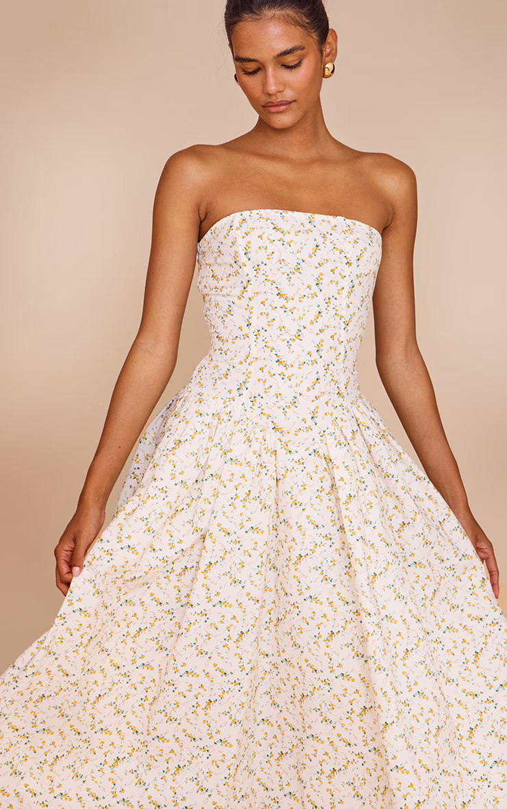 Yellow Ditsy Printed Bandeau Skater Midaxi Dress