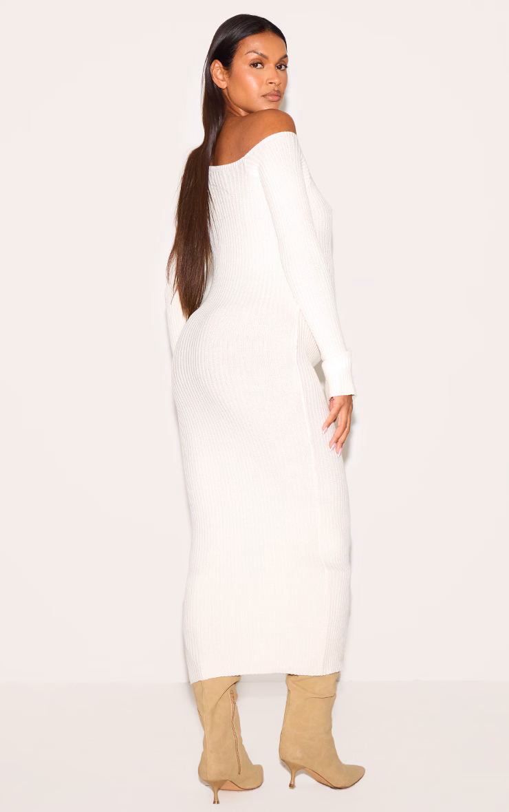 Maternity Cream Asymmetric Long Sleeve Rib Knit Maxi Dress