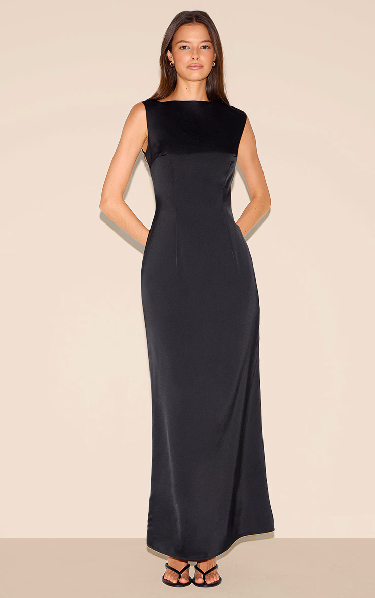 Black Bridesmaid Satin Boat Neck Maxi Dress