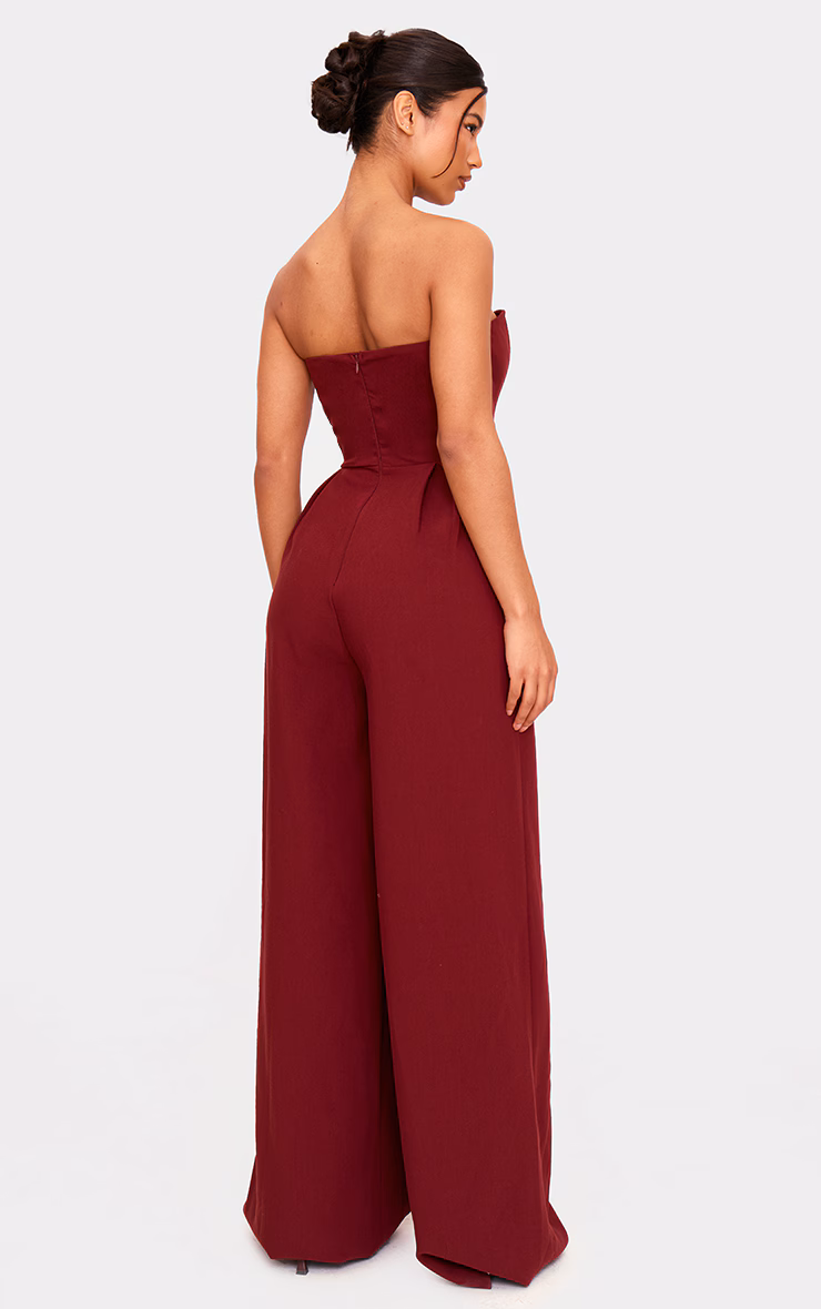 PLT Label Burgundy Plunge Wide Leg Jumpsuit