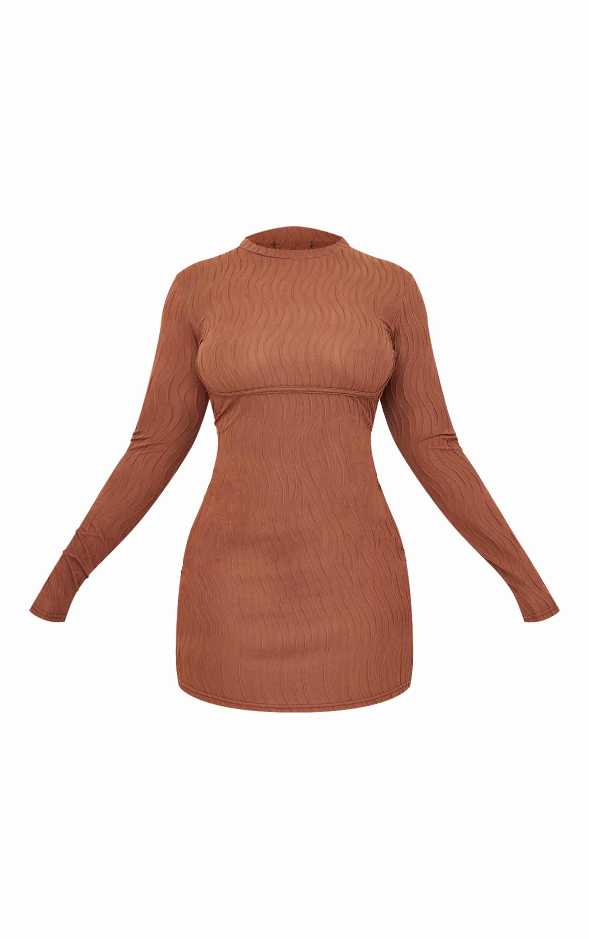 Plus Brown Textured Long Sleeve Bust Seam Detail Mini Dress