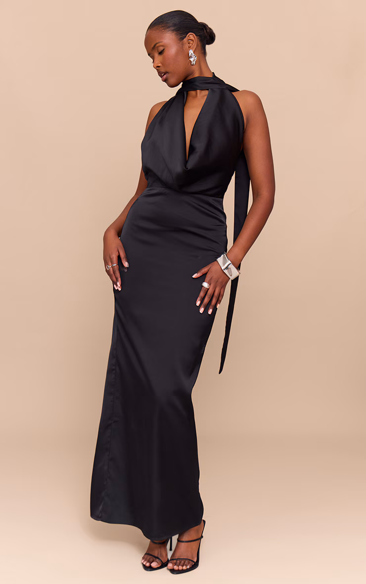 Black Satin Cowl Neck Drape Maxi Dress