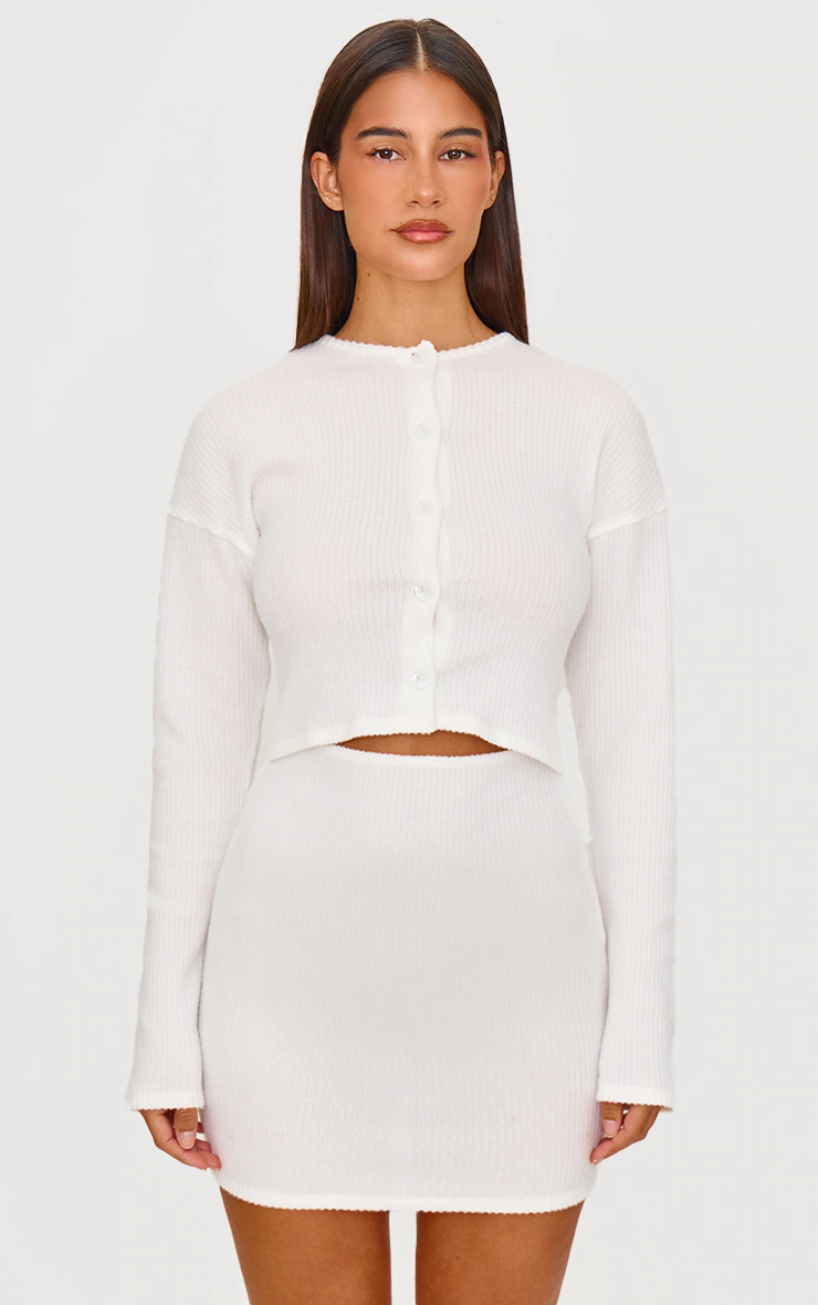 Cream Brushed Rib Button Detail Long Sleeve Bodycon Dress