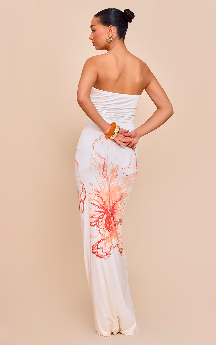 Cream Floral Printed Bandeau Maxi Dress