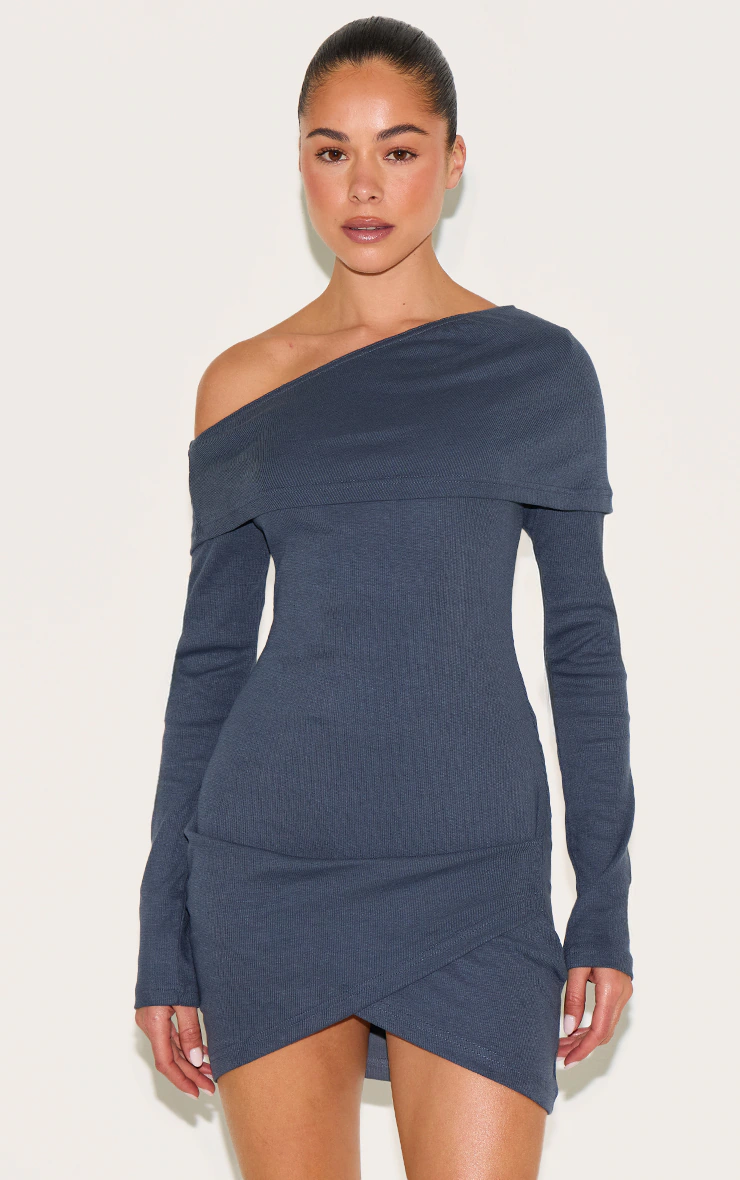 Navy Rib Bardot Wrap Mini Dress