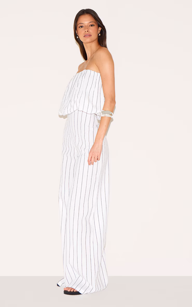 Stone Stripe Cotton Puffball Bandeau Straight Leg Jumpsuit