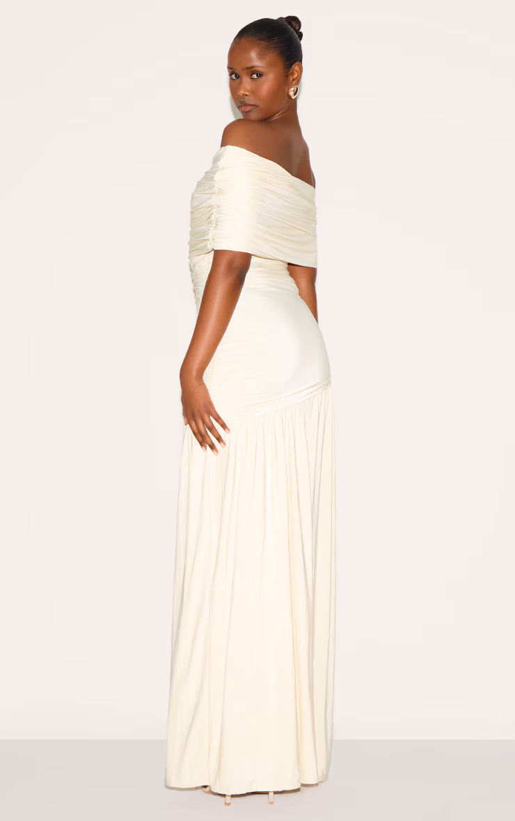 Cream Double Layer Slinky Bardot One Shoulder Ruched Maxi Dress