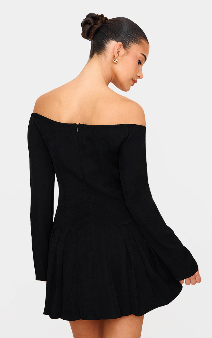 Black Woven Bardot Long Sleeve Shift Dress