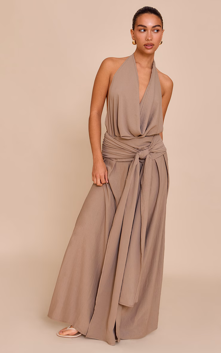 Mushroom Floaty Woven Cowl Neck Low Back Maxi Dress