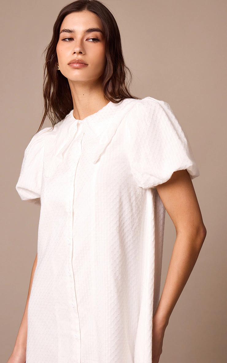White Embroidered Cotton Lace Trim Puff Sleeve Shirt Dress