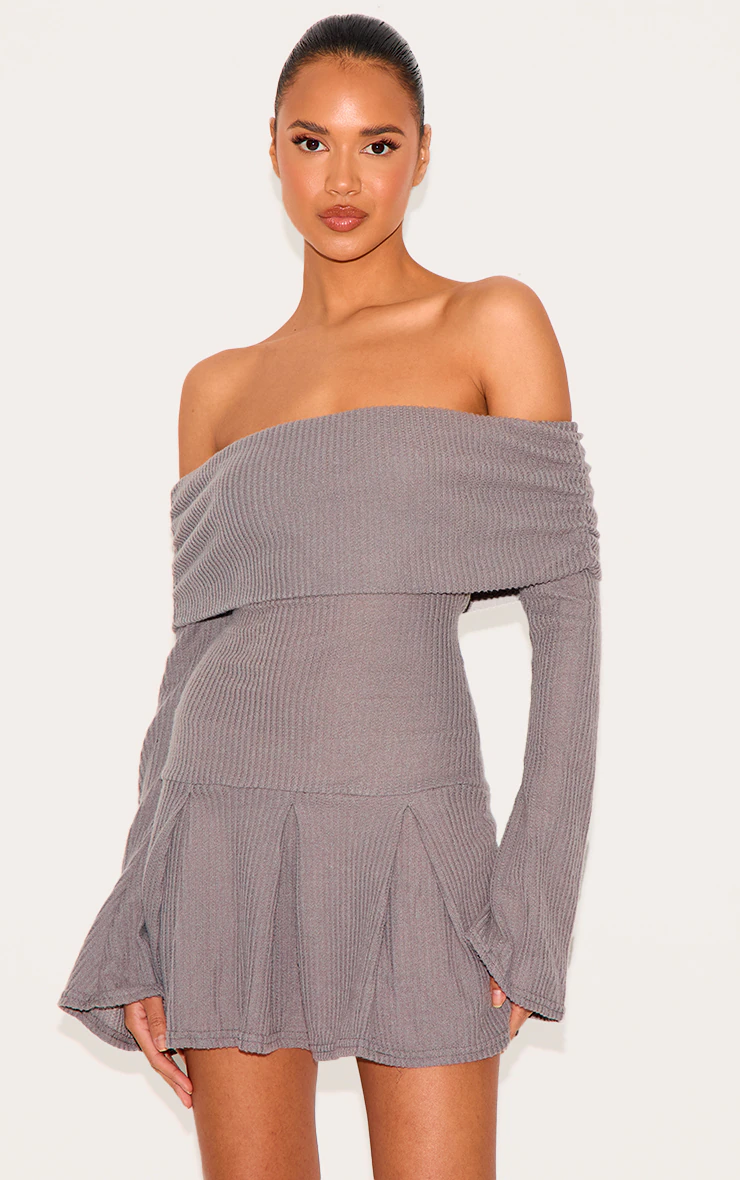 Charcoal Waffle Textured Bardot Pleated Shift Dress