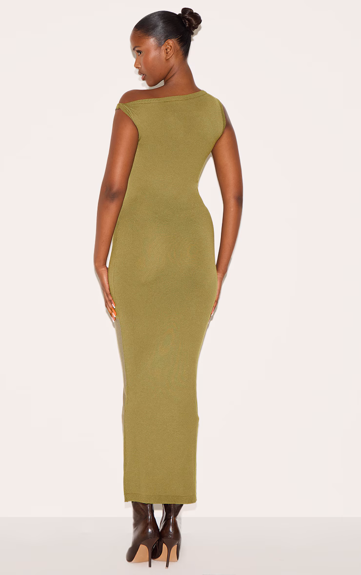 Olive Basic Knit Asymmetric Twist Sleeve Maxi Dress