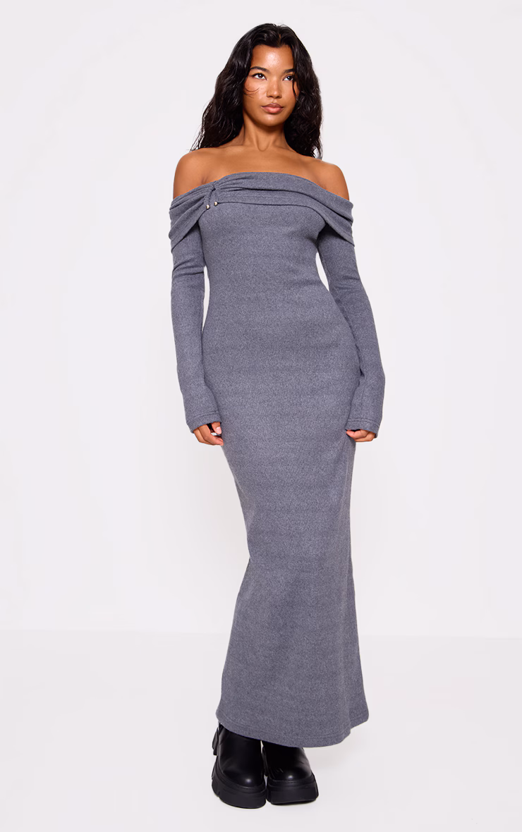 Charcoal Heavy Brushed Rib Bardot Trim Maxi Dress