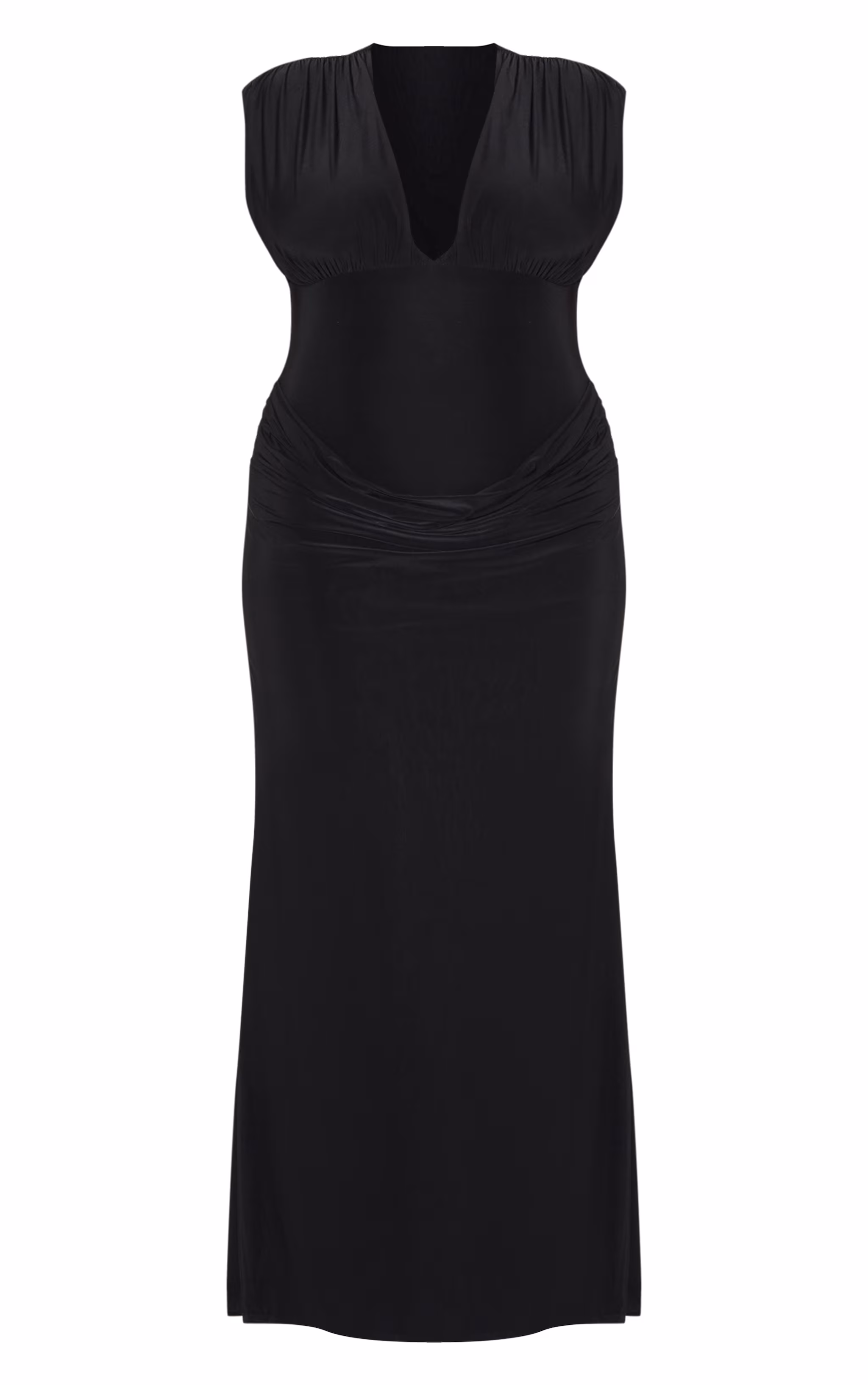Plus Black Double Layer Plunge Ruched Shoulder Drape Waist Maxi Dress