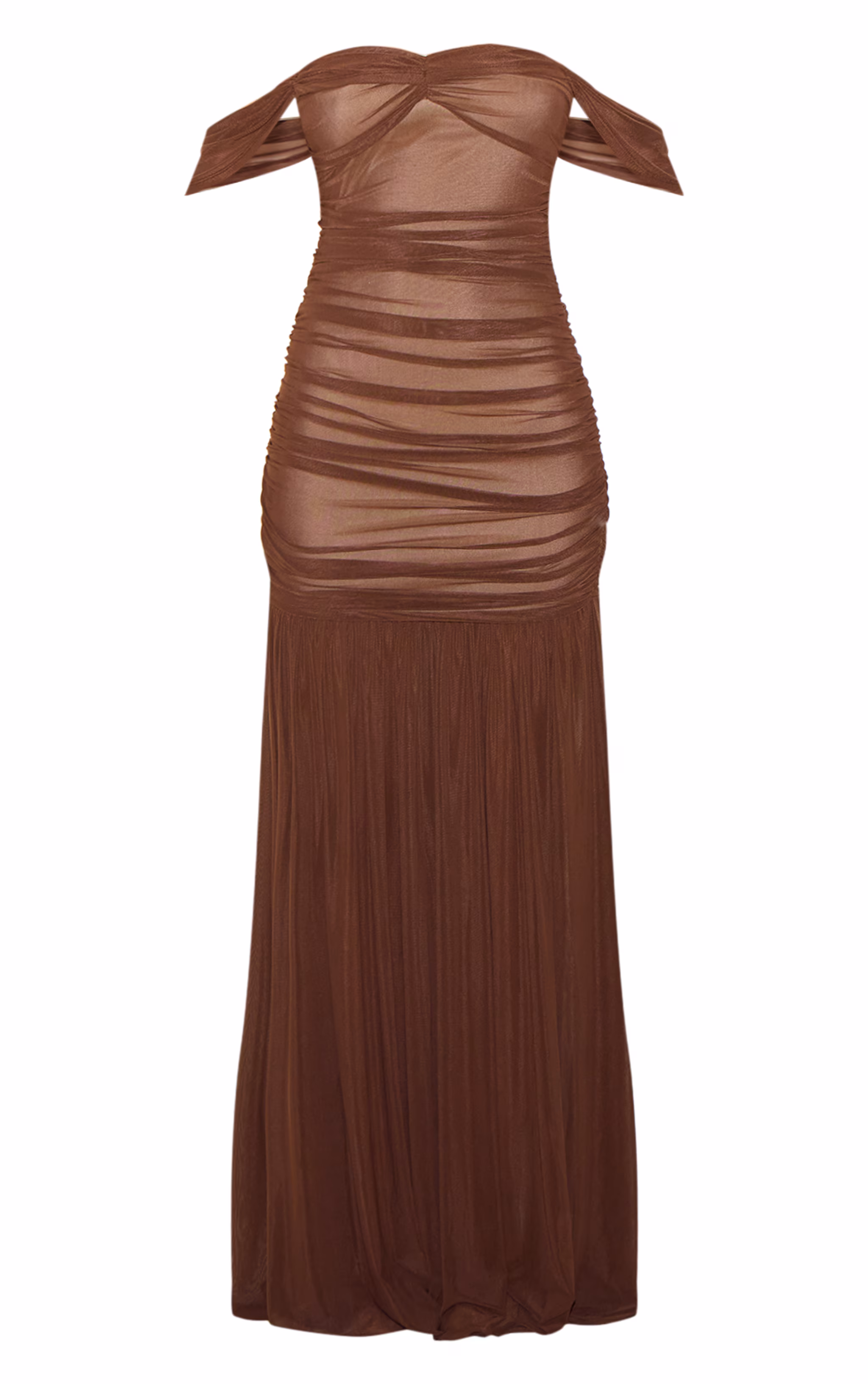 Chocolate Mesh Bardot Ruched Detail Maxi Dress