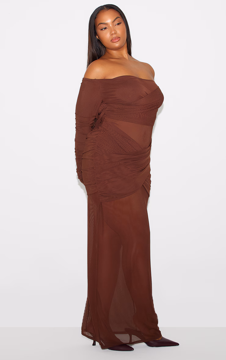 Chocolate Brown Mesh Bardot Layered Ruched Maxi Dress