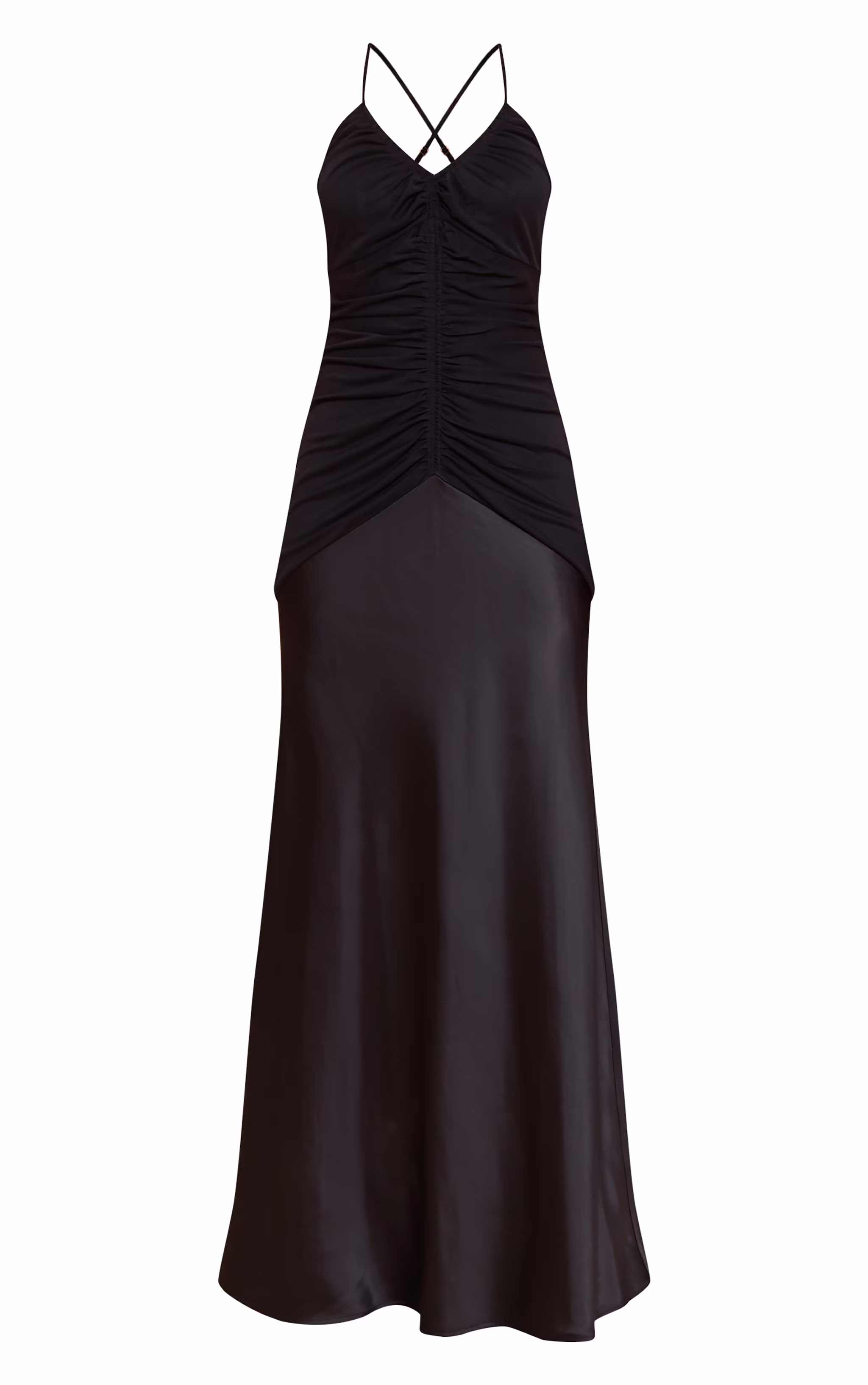 Black Ruched Detail Satin Maxi Slip Dress