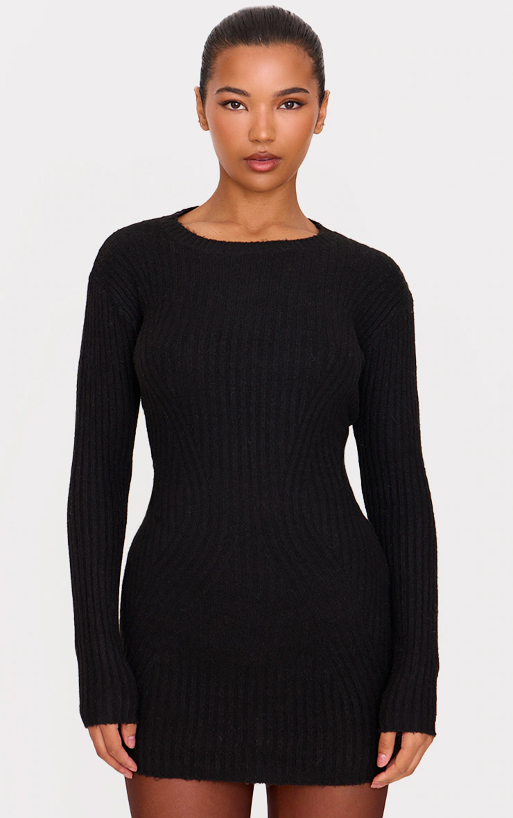 Black Soft Textured Rib Knit Mini Dress