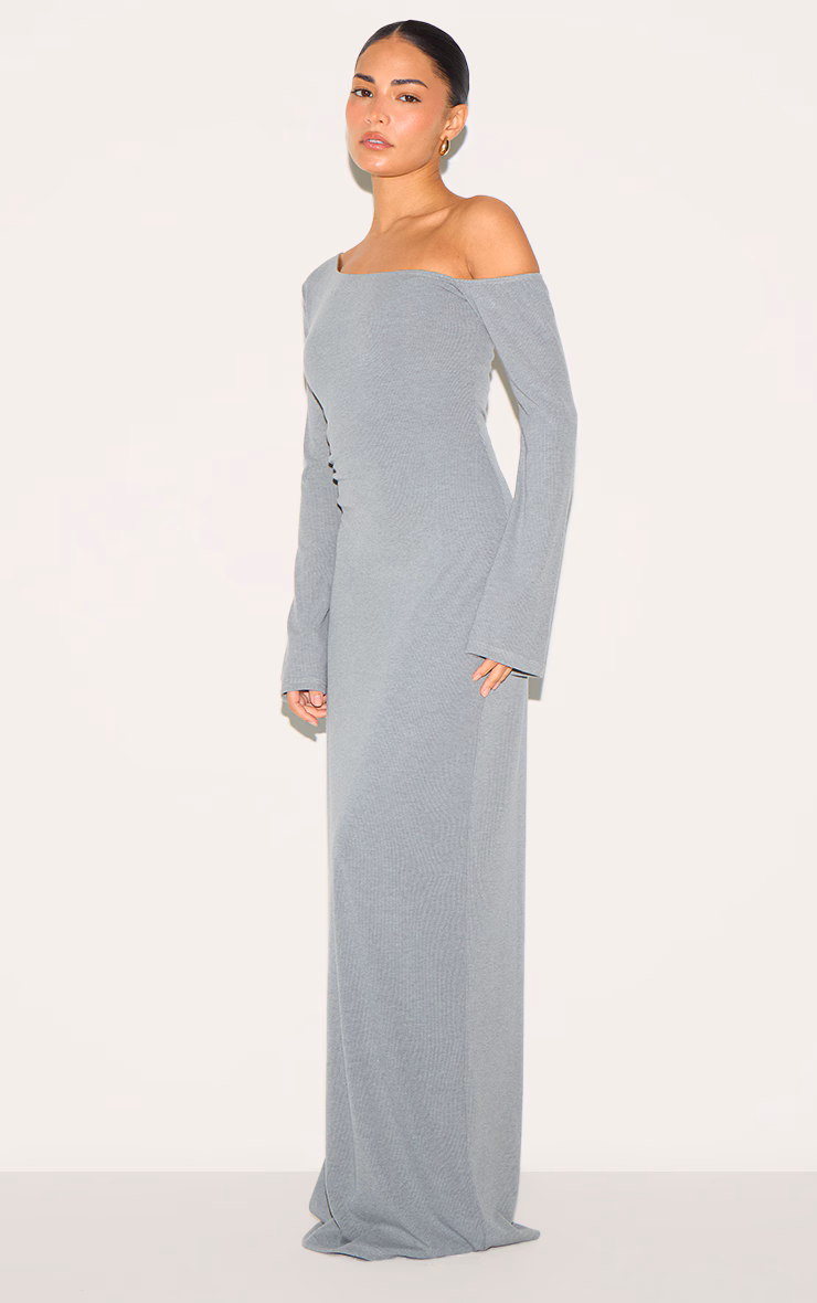 Petite Grey Asymmetric Ribbed Maxi Dress