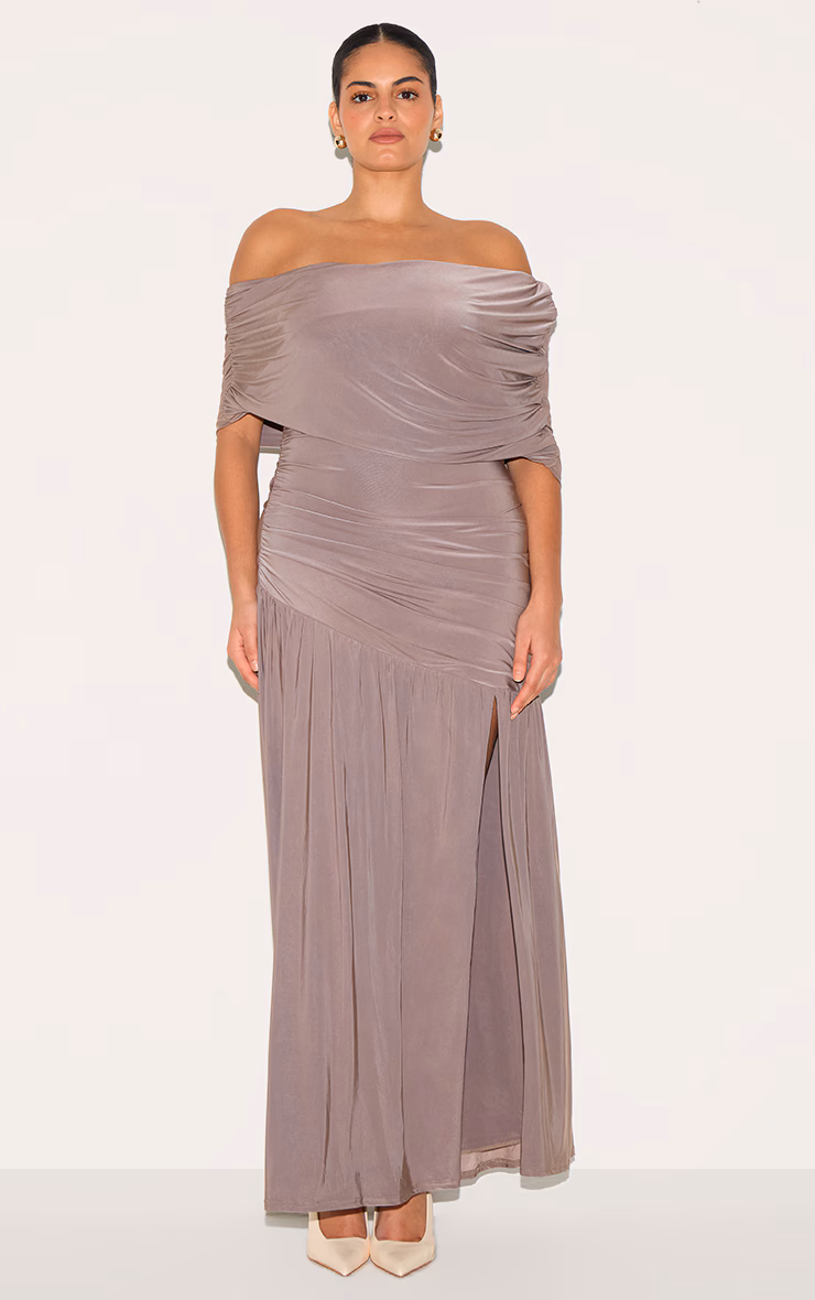 Plus Taupe Double Layer Slinky Bardot One Shoulder Ruched Maxi Dress