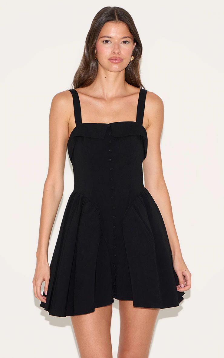 Black V Waist Button Down Shift Dress