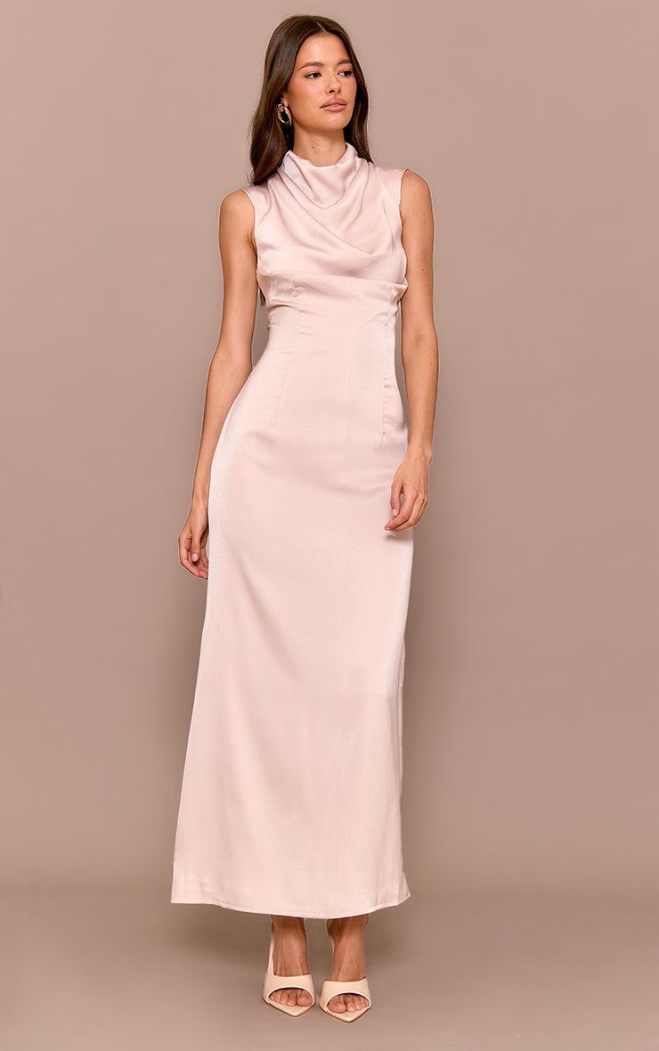 Oyster Satin High Neck Midaxi Dress