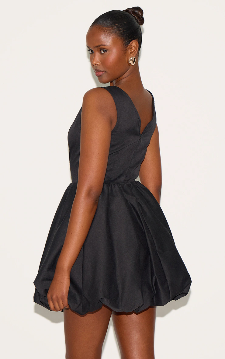 Black Tailored Woven V Neck Puffball Mini Dress