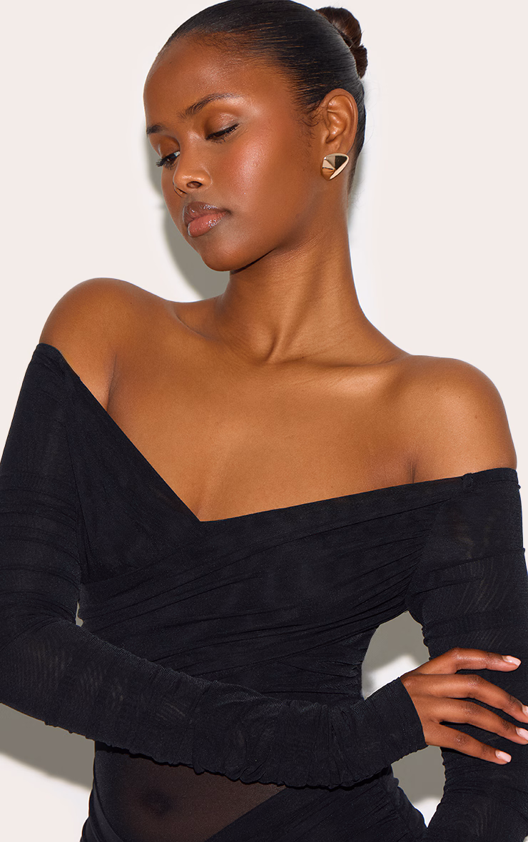 Black Bandage Mesh Bardot Layered Ruched Maxi Dress