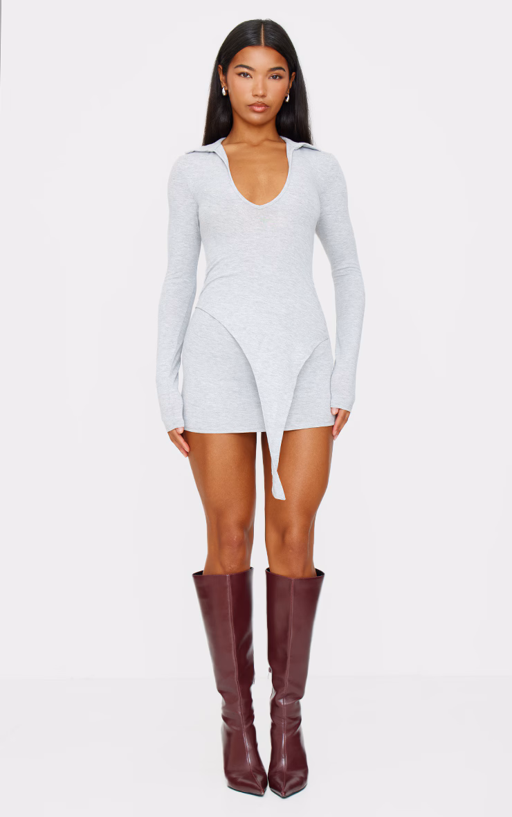 Grey Marl Jersey Collared Bodycon Dress