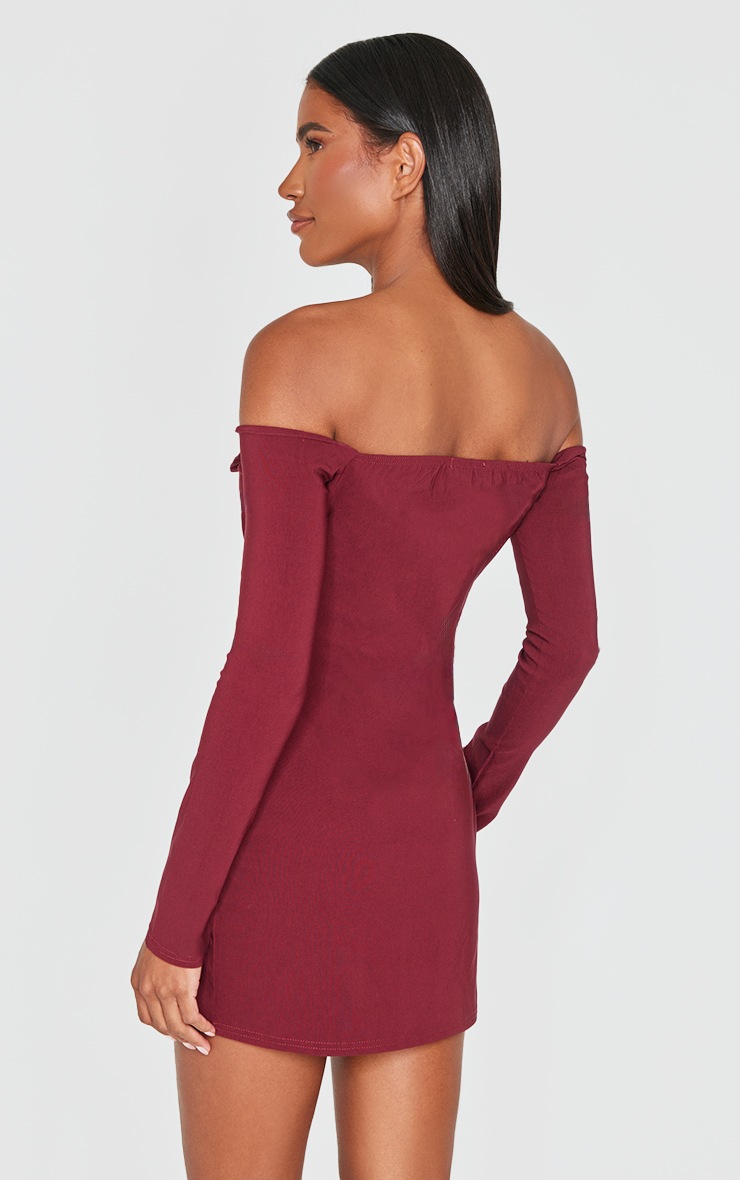 Wine Button Detail Bardot Bodycon Dress