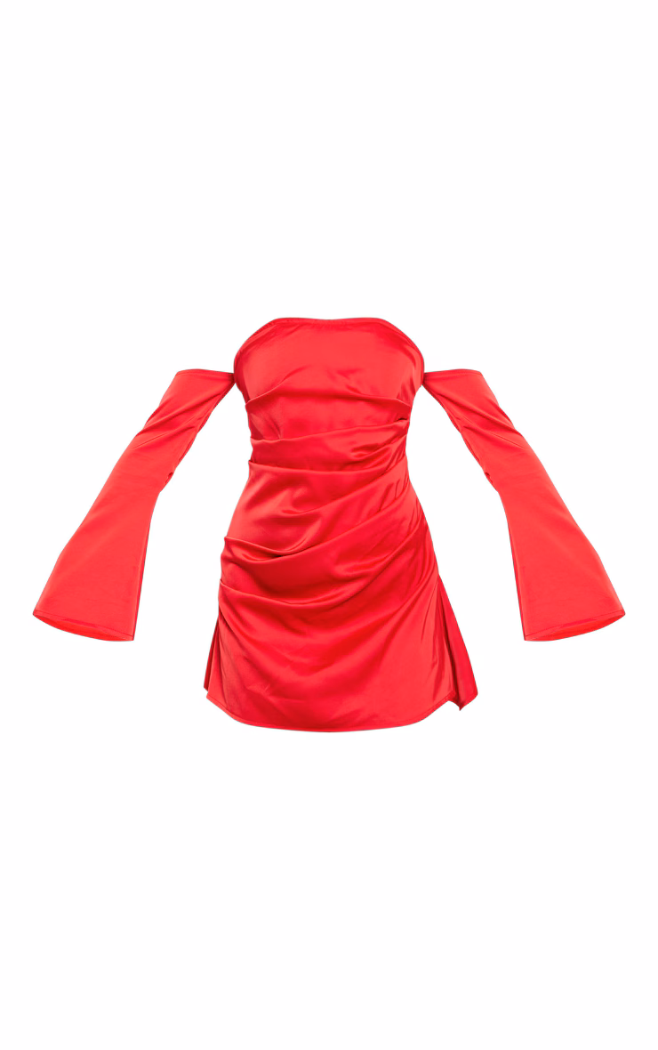 Red Satin Corset Bardot Ruched Long Sleeve Shift Dress