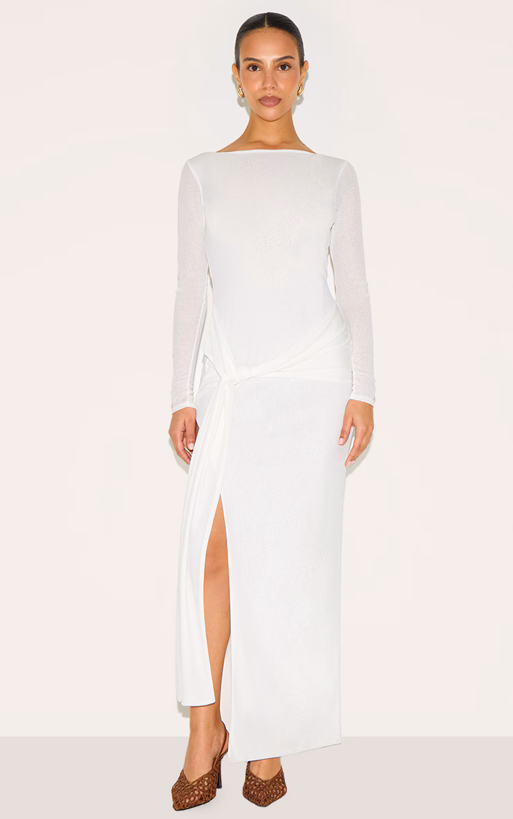Petite White Long Sleeve Sheer Tie Front Maxi Dress