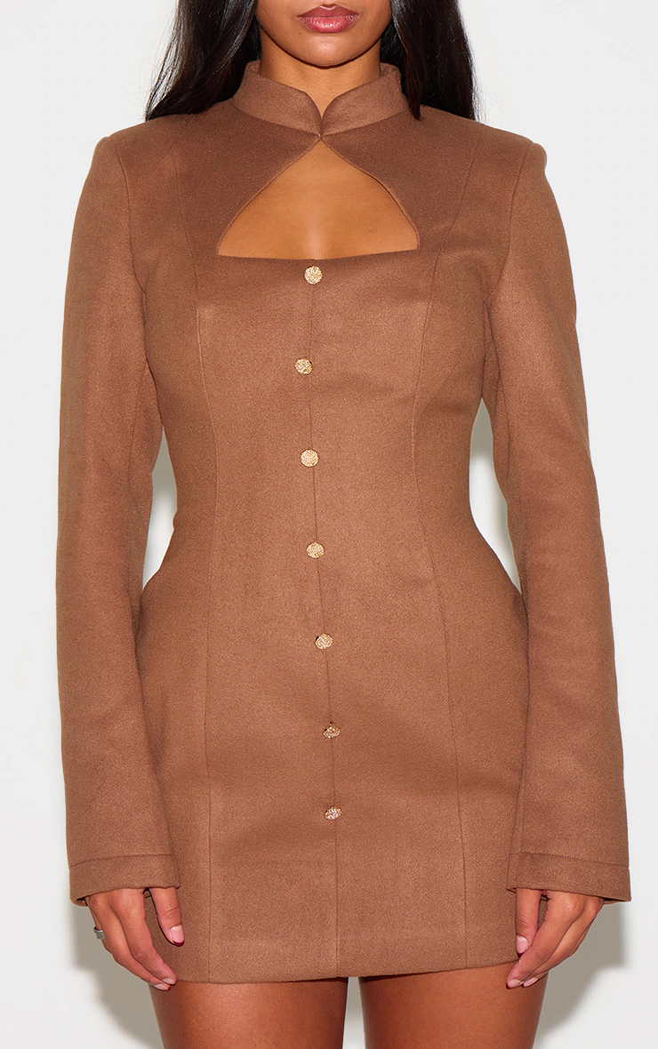 Deep Taupe Brushed Woven Long Sleeve Button Detail Mini Dress
