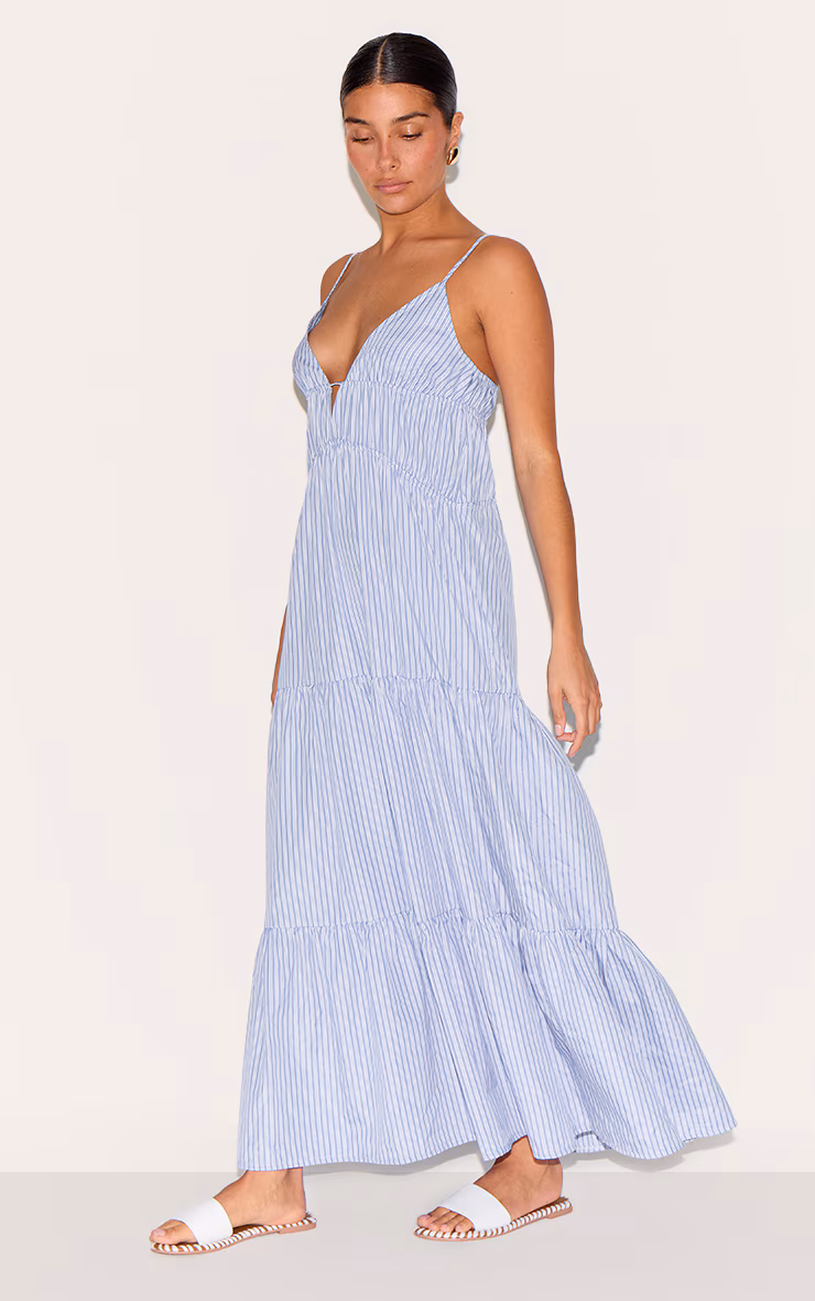 Petite Blue Strappy Pinstripe Tiered Maxi Dress