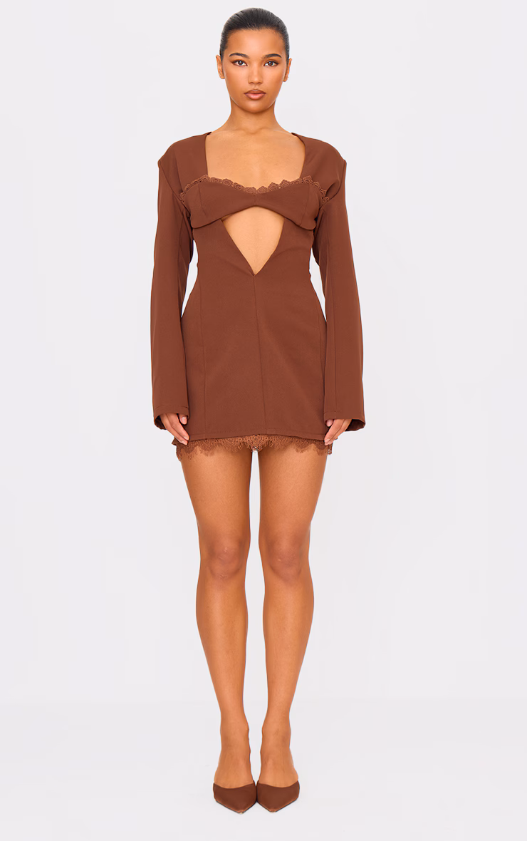 Chocolate Woven Lace Trim Detail Blazer Dress