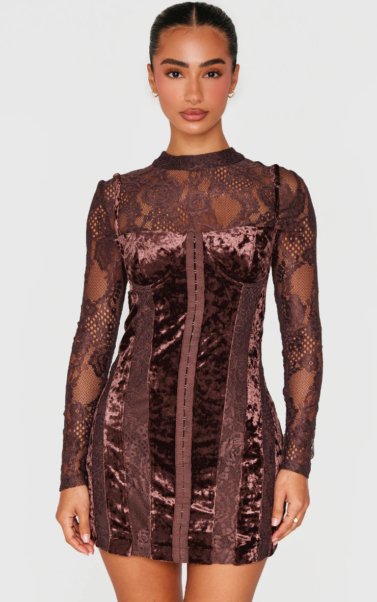 Petite Chocolate Crushed Velvet Long Sleeve Lace Detail Mini Dress