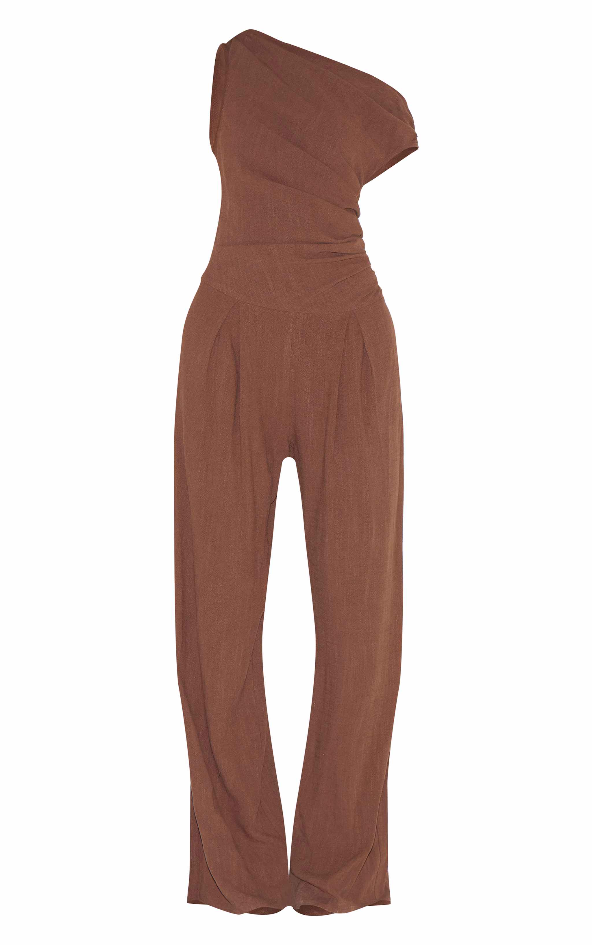 Chocolate Twist Sleeve Linen Ruched One Sleeve Jumpsuit