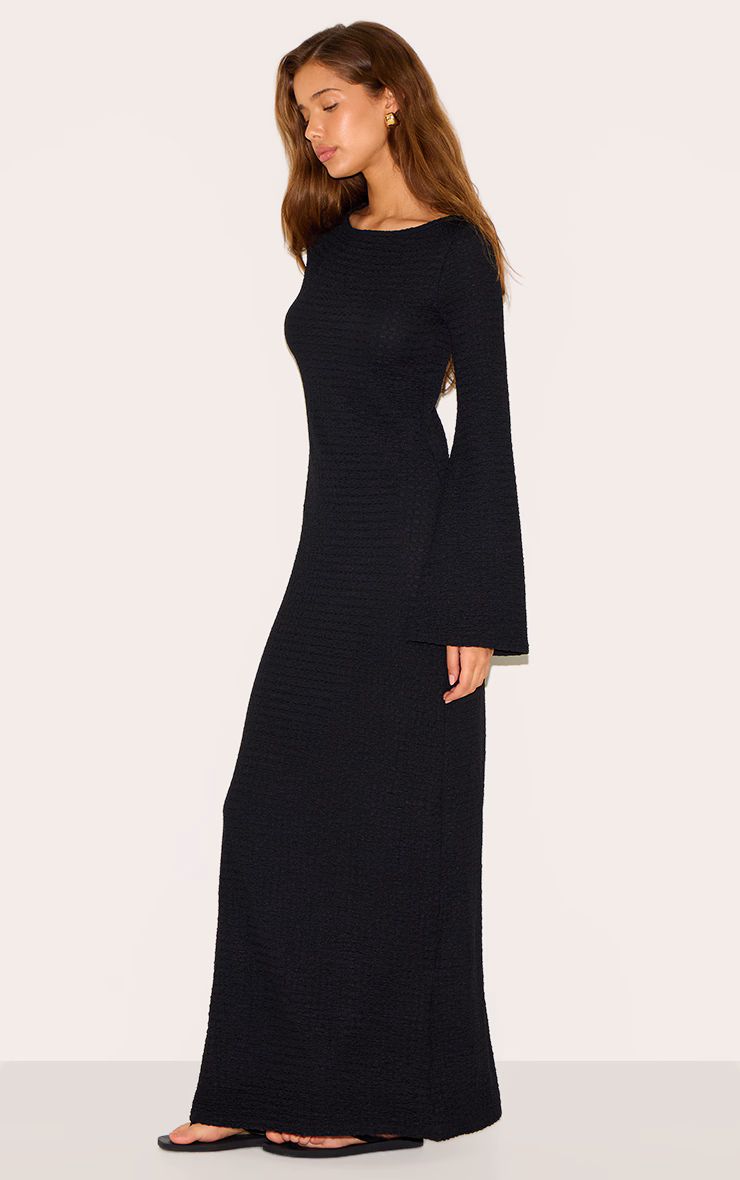 Black Textured Long Sleeve Bodycon Maxi Dress