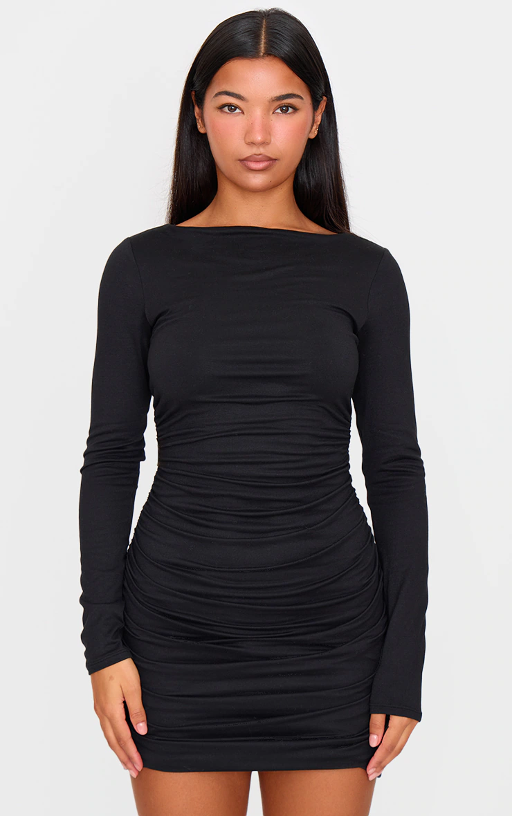 Black Double Contour Ruched Detail Bodycon Dress
