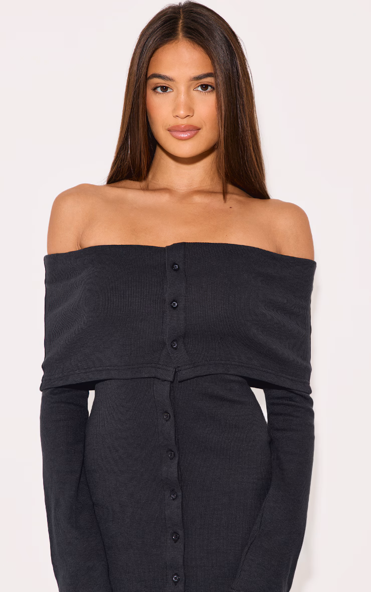 Black Rib Fold Over Bardot Button Maxi Dress