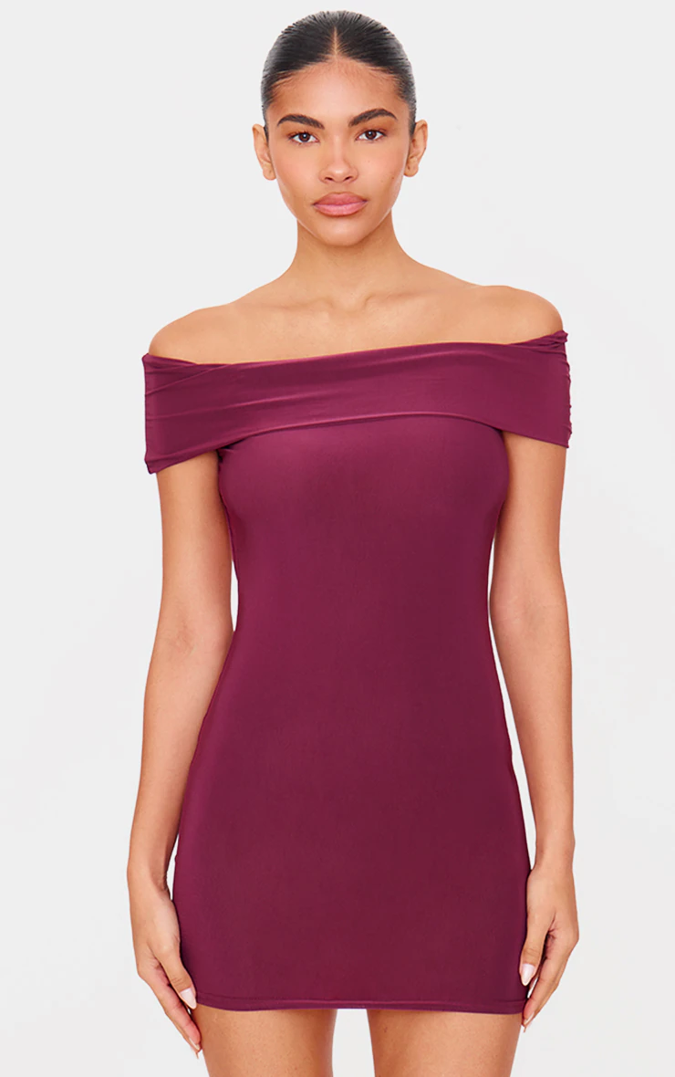 Plum Double Layer Soft Touch Bardot Twist Back Mini Dress