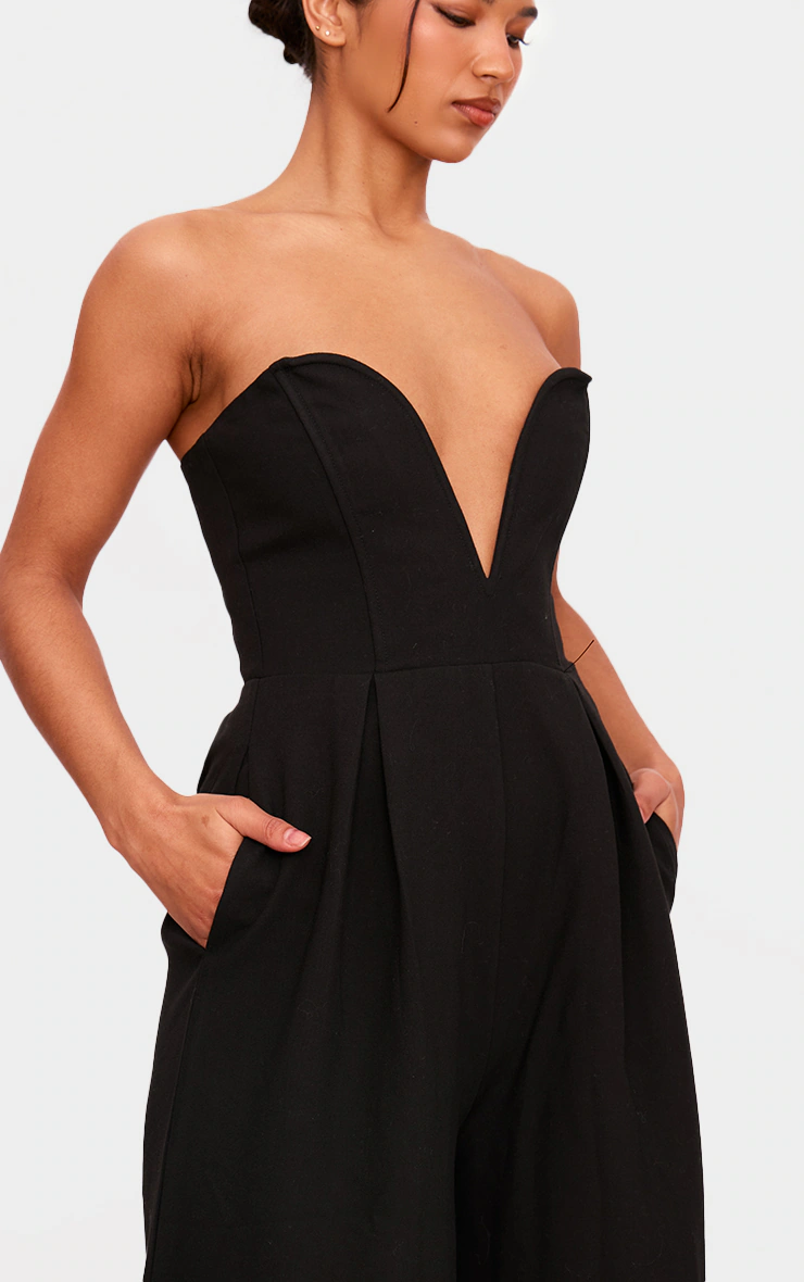 PLT Label Black Plunge Wide Leg Jumpsuit