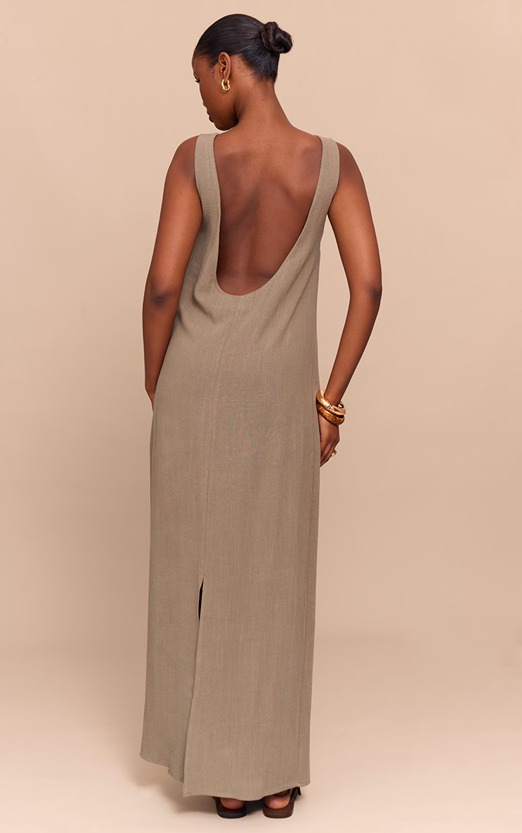 Khaki Textured Boat Neck Low Back Maxi Dress