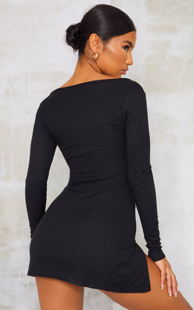 Black Rib Split Hem Square Neck Long Sleeve Bodycon Dress