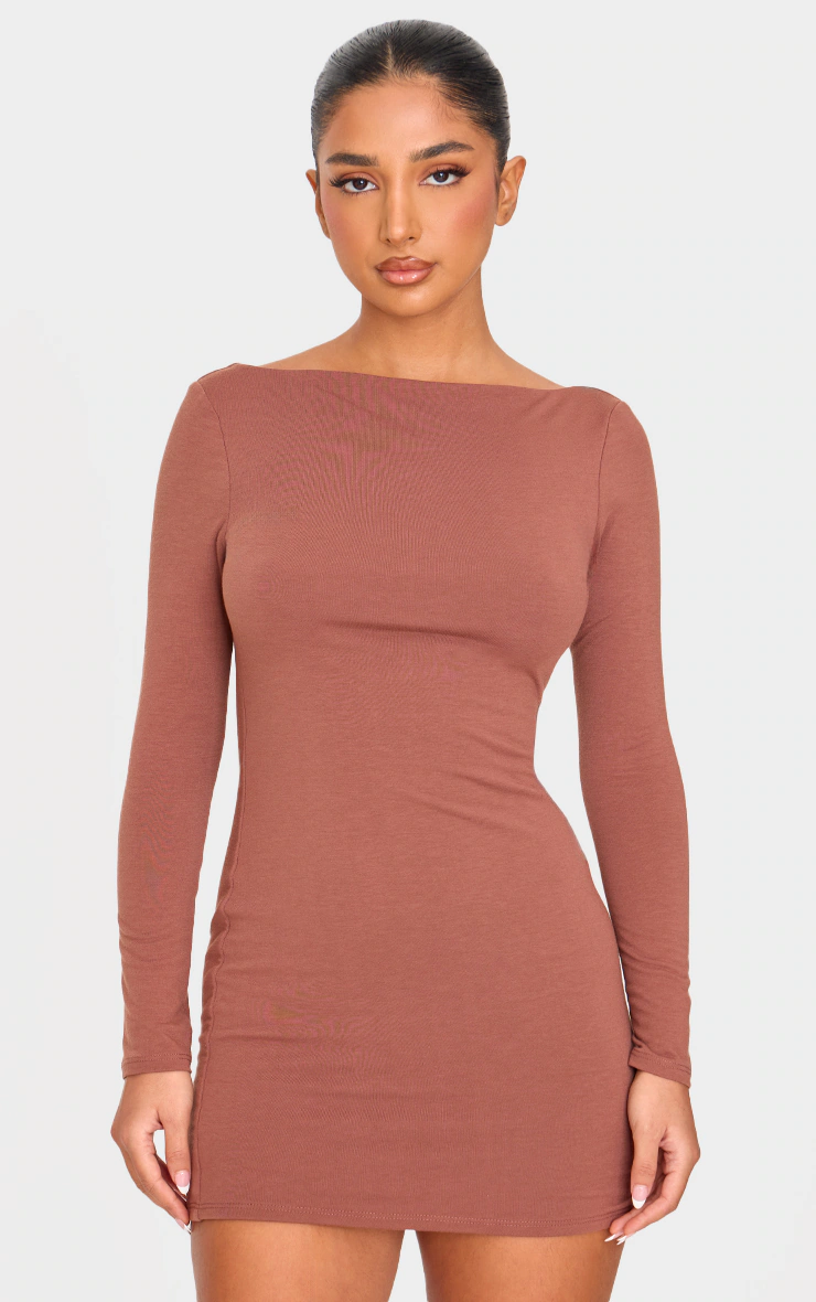 Petite Chocolate Contour Jersey Boat Neck Long Sleeve Dress