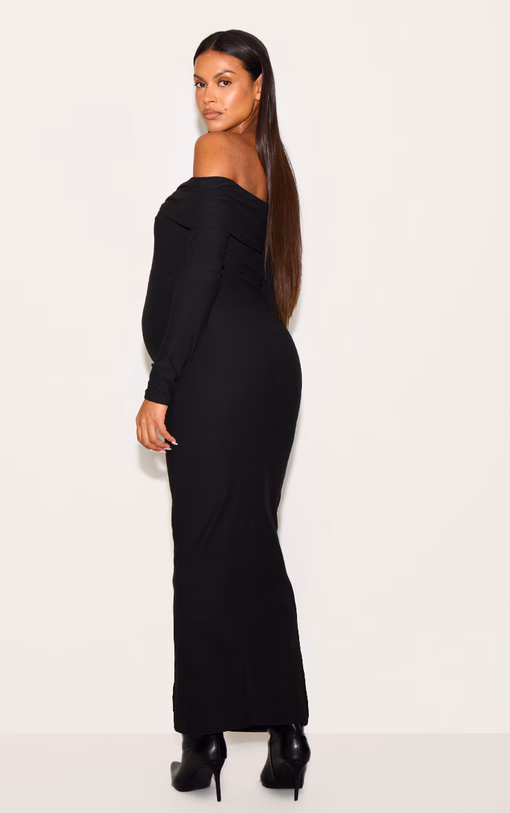 Maternity Black Soft Touch Fold Over Bardot Maxi Dress