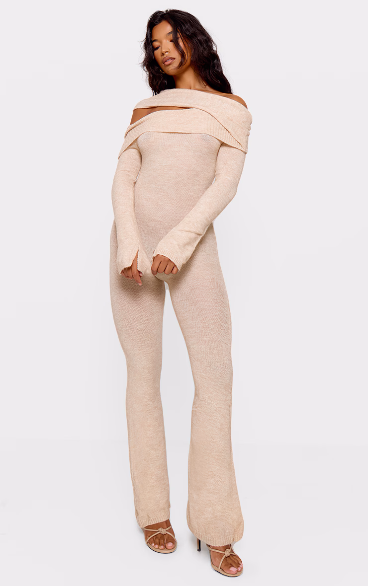 Oatmeal Soft Knit Bardot Foldover Asymmetric Neck Jumpsuit
