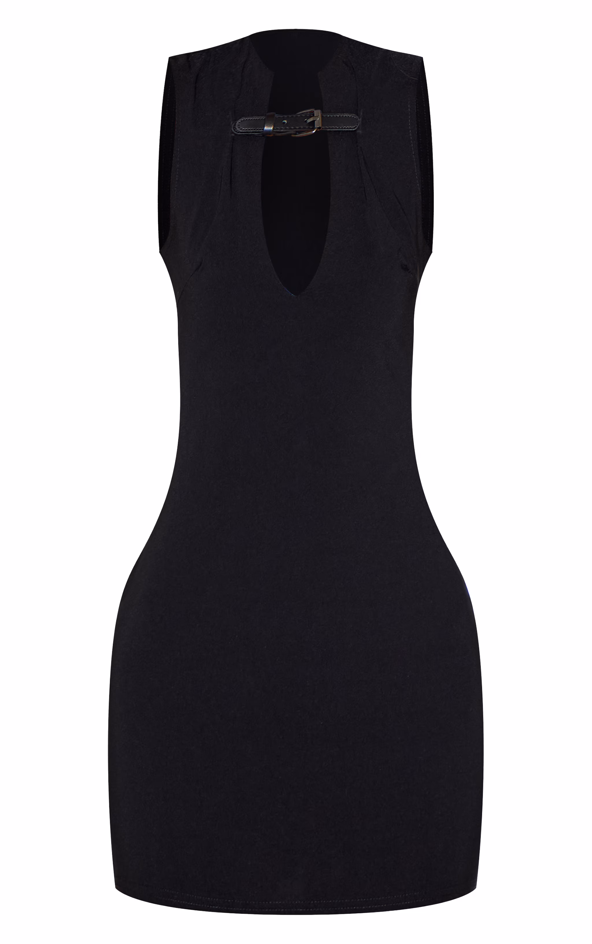 Black Stretch Woven Keyhole Belted Bodycon Dress
