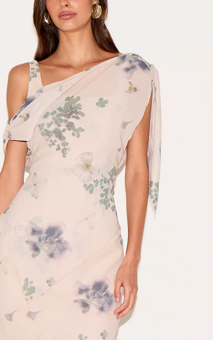 Sand Abstract Printed Chiffon Draped Maxi Dress