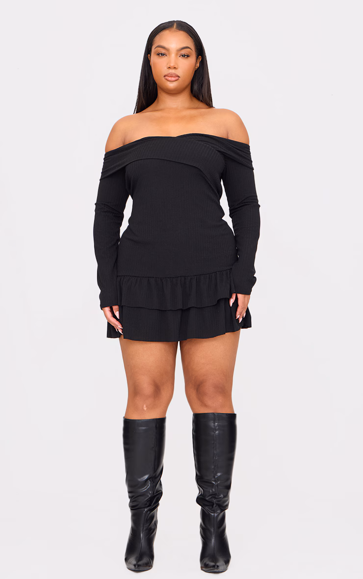 Plus Black Ribbed Bardot Cross Over Bust Detail Shift Dress